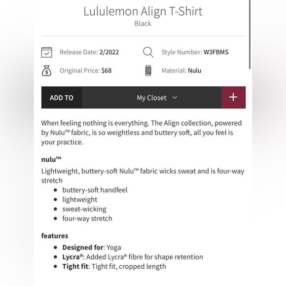 Lululemon Women’s Size 6 Align Tee Black Fitted Crop New - Picture 5 of 8